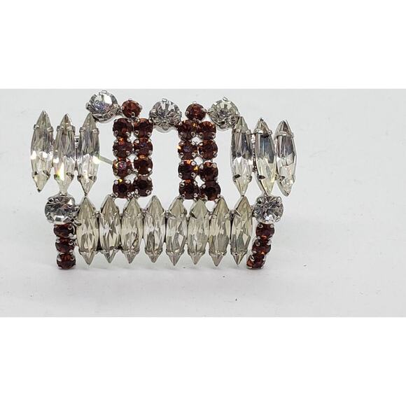 Vintage Rhinestone Brooch Shoulder Pin Clear & Topaz Silver Toned Abstract - Picture 1 of 15
